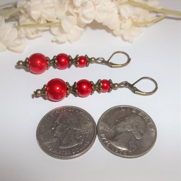 Pearl Earrings, Red and Bronze, Dangle and Drop, Fashion Jewelry Accessory 7394 - Picture 5 of 8